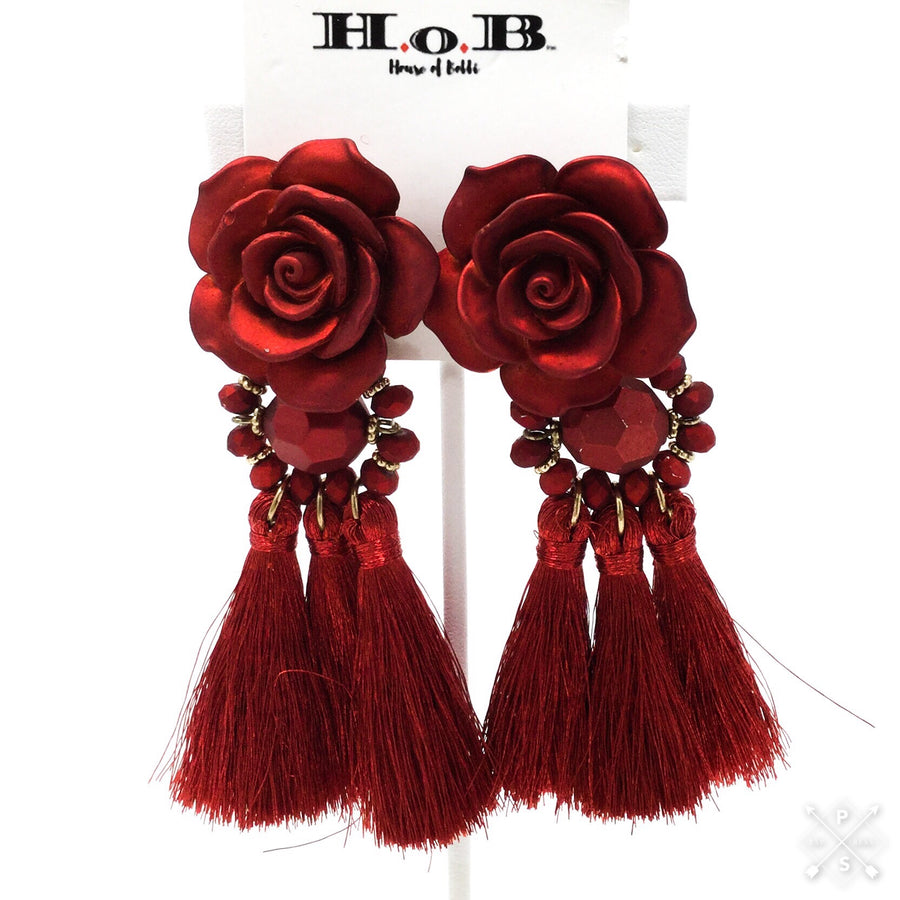 Red Rose Tassel Earrings