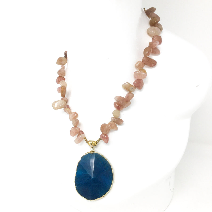 Sunstone Bead Necklace with Blue Pendant