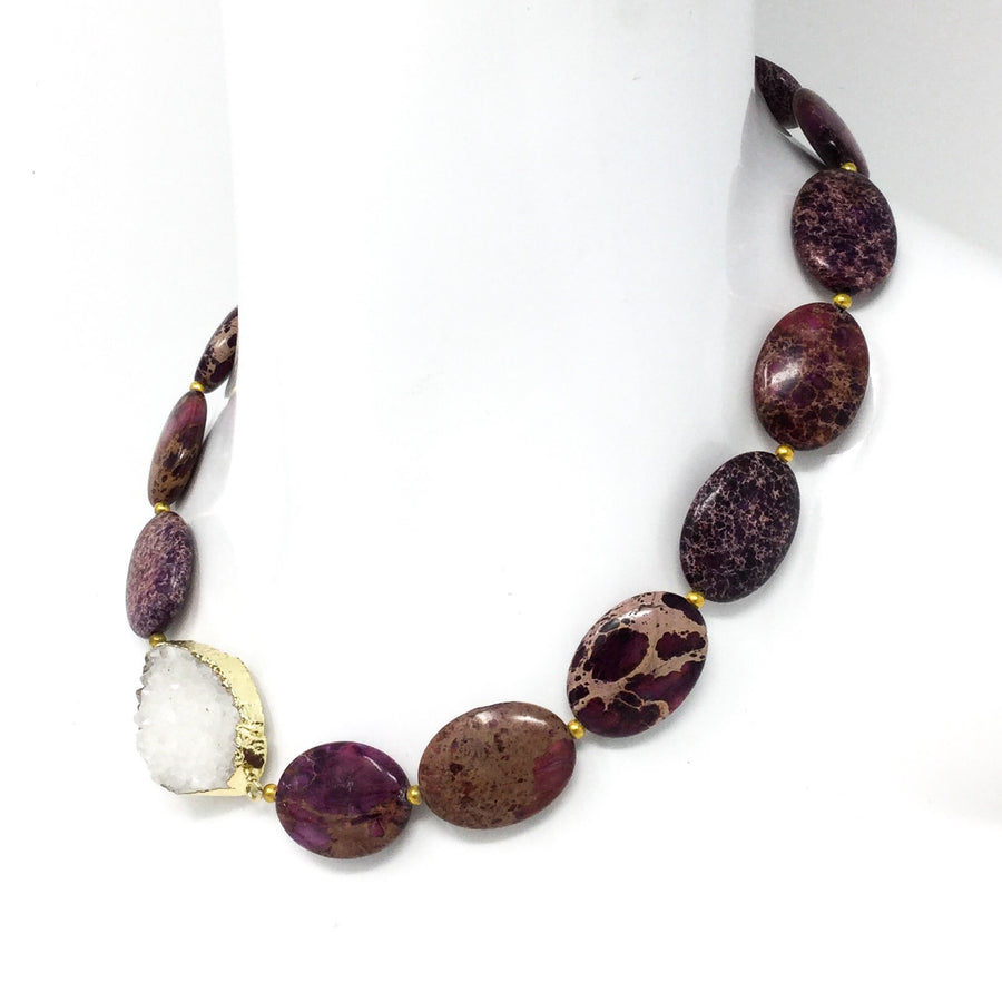 White Druzy and Purple Stone Necklace