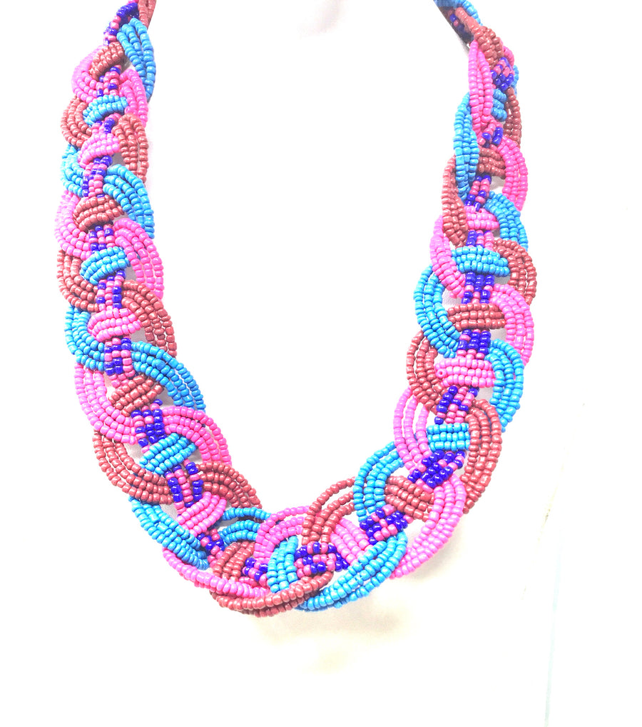 Blue/ pink beaded necklace
