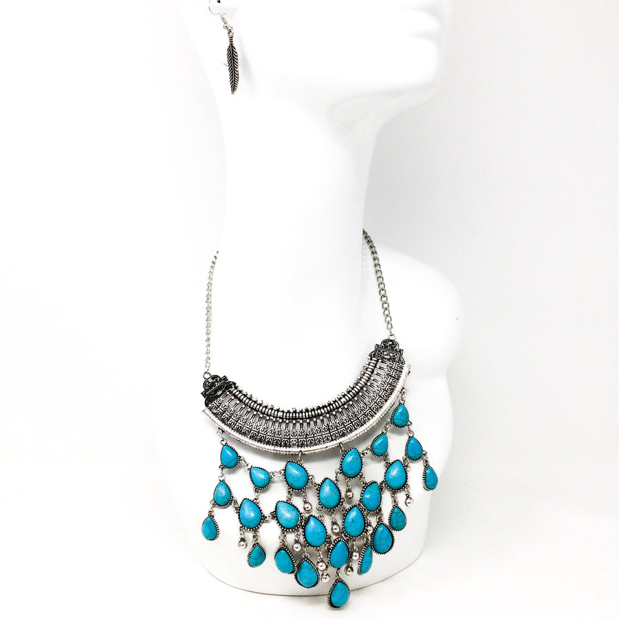 Turquoise Necklace with Feather Earrings