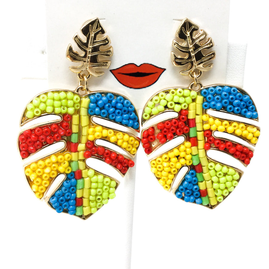 Multicolored Beaded Leaf Earrings