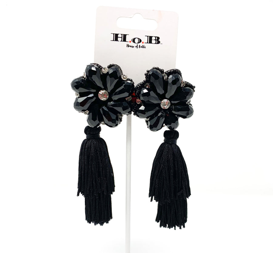 Black And Silver Flower Tassel Earrings