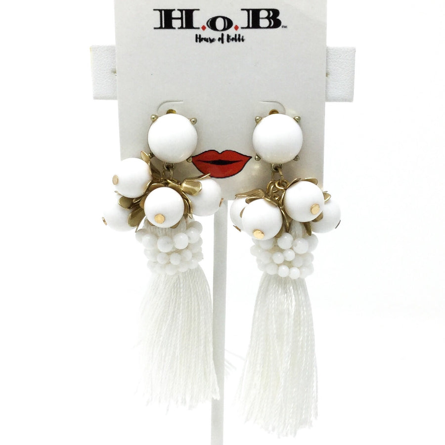 White Beads and Fringe Earrings