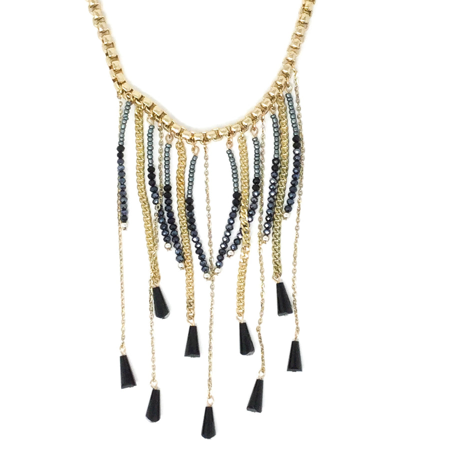 Golden Necklace with Navy Blue Beads
